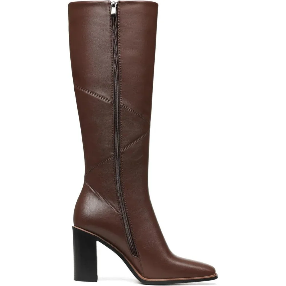 Women’s Polyurethane Brown Square Toe Chunky Block Heel Leather Zip Up Boot